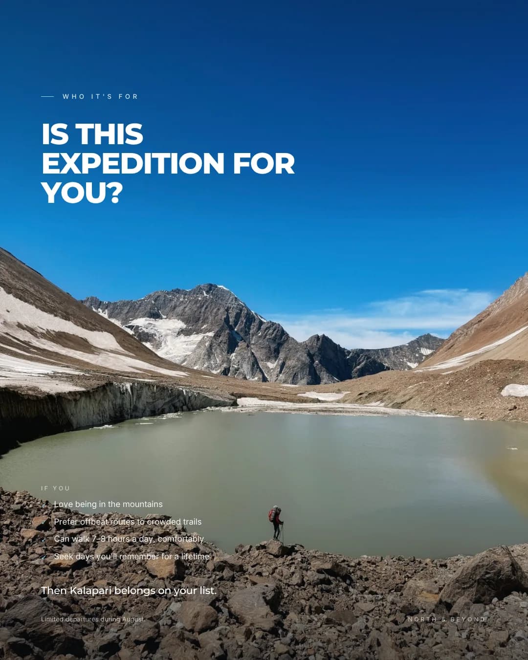 Instagram carousel slide — "Is this expedition for you?" over a turquoise glacial lake
