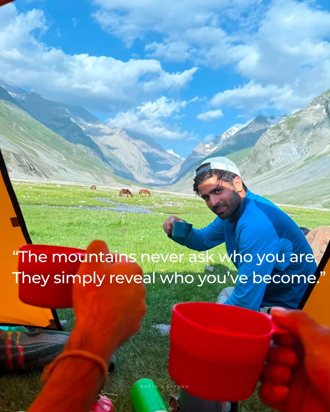 Instagram carousel slide — a quote over a campsite photo