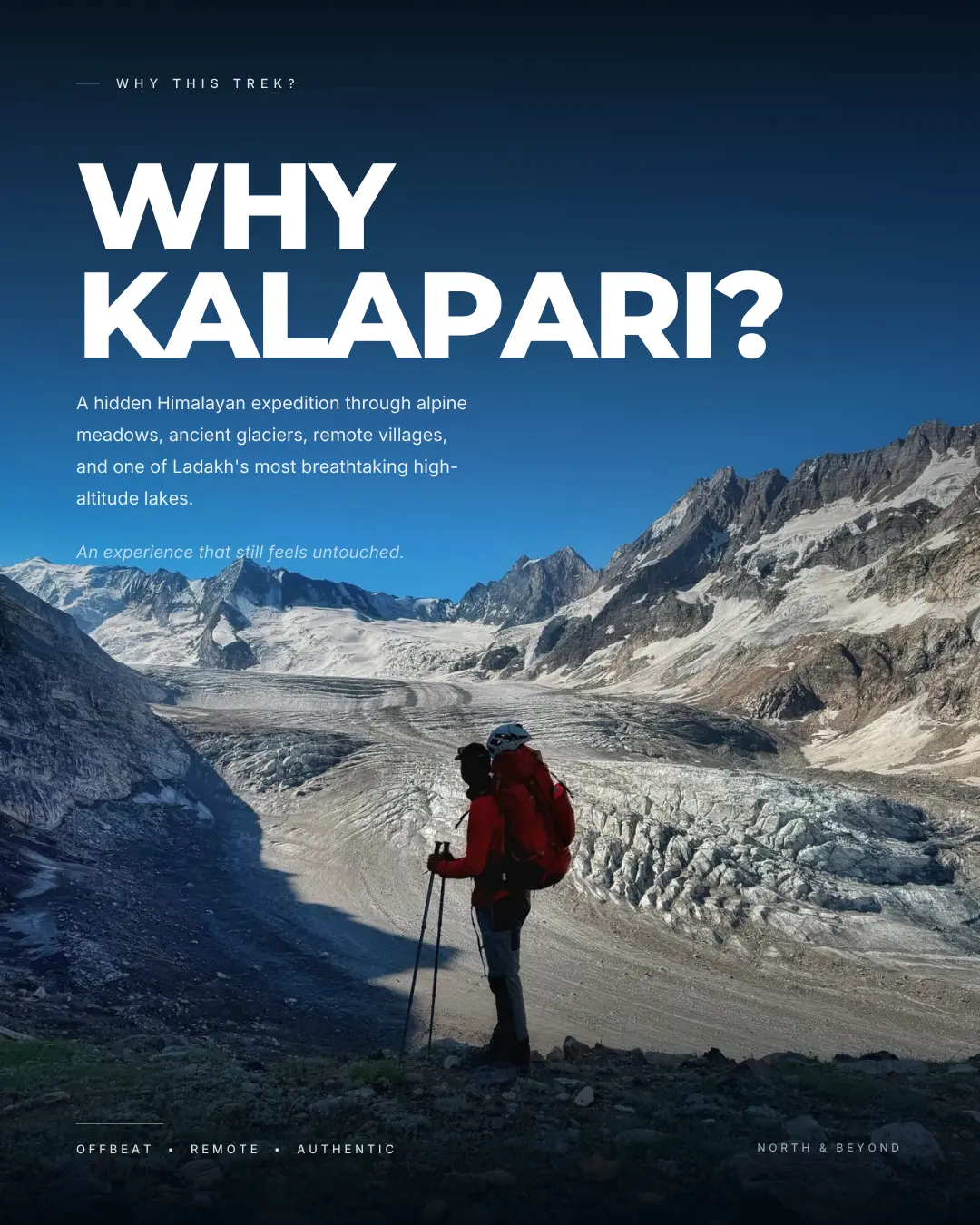 Instagram carousel slide — "Why Kalapari?" over a hiker facing a glacier